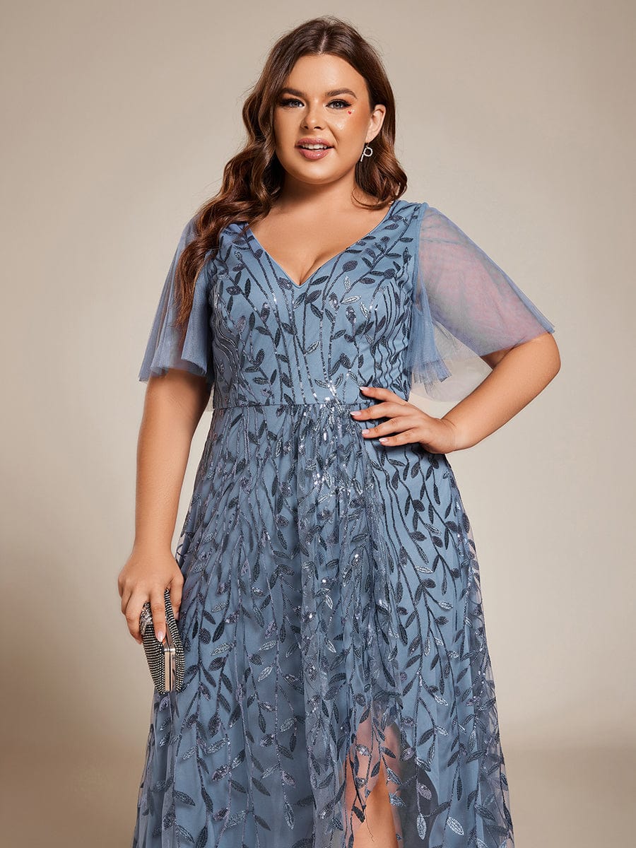 Plus Size V-Neck Sequined Evening Dresses with High Slit #color_Dusty Navy