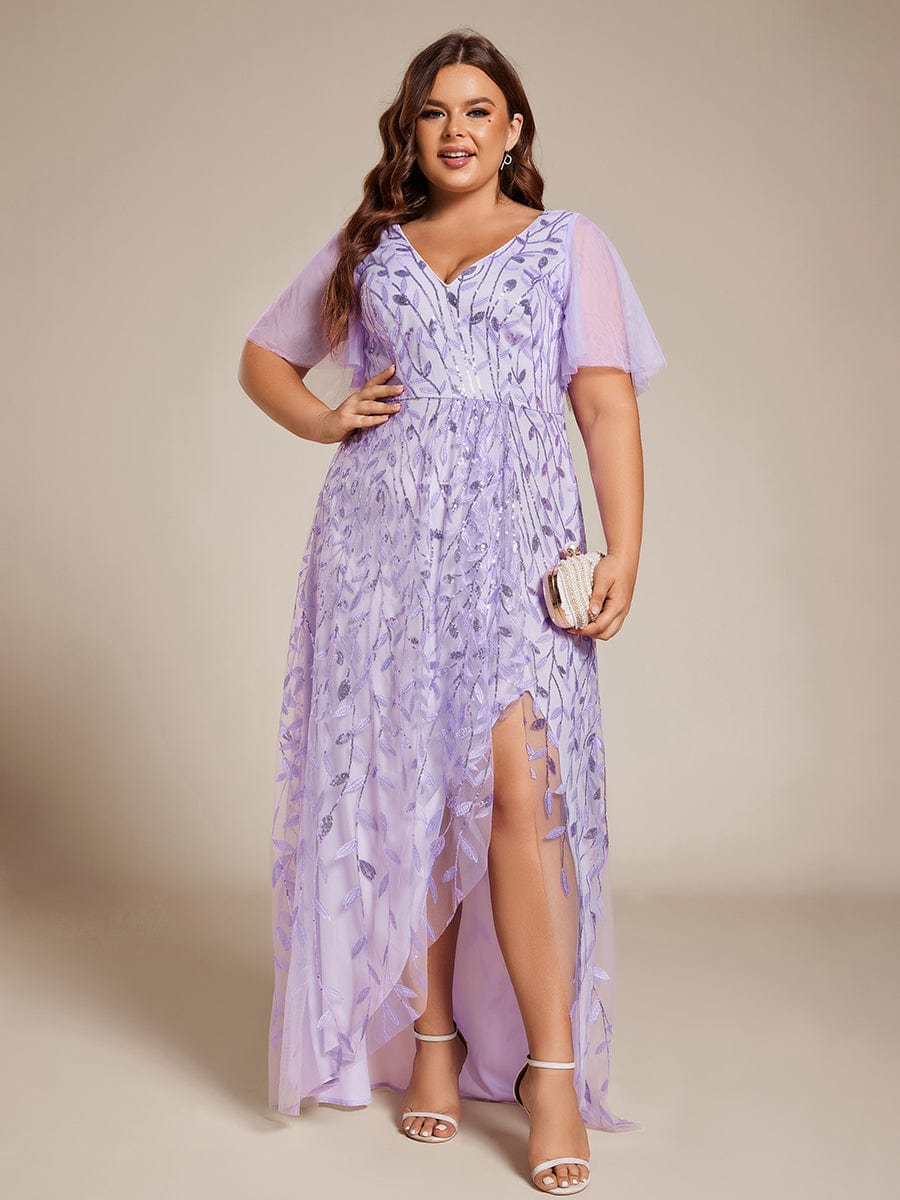 Plus Size V-Neck Sequined Evening Dresses with High Slit #color_Lavender