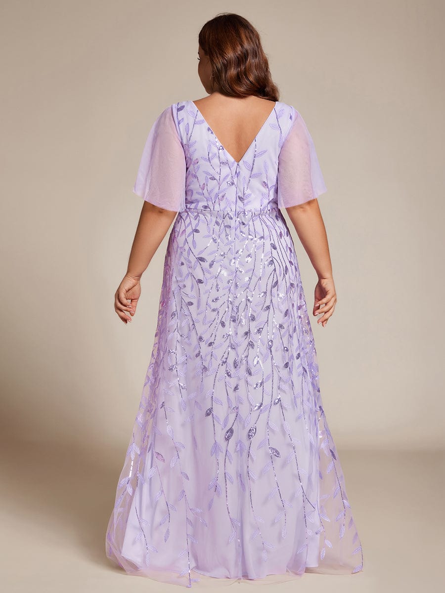 Plus Size V-Neck Sequined Evening Dresses with High Slit #color_Lavender