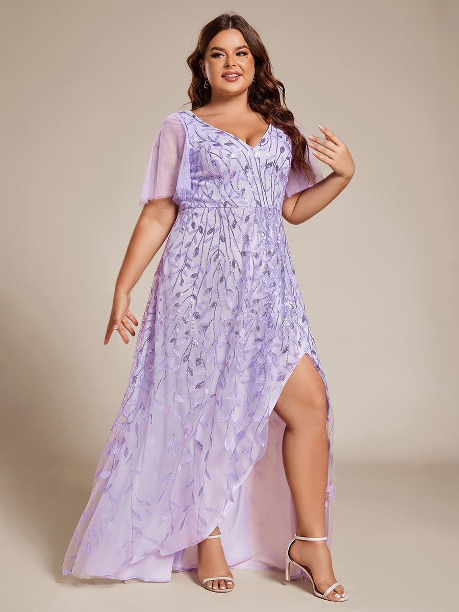 Plus Size V-Neck Sequined Evening Dresses with High Slit #color_Lavender