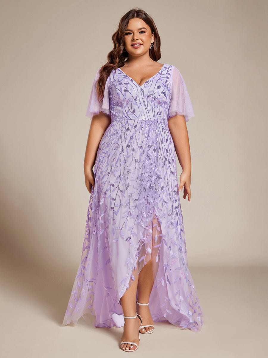 Plus Size V-Neck Sequined Evening Dresses with High Slit #color_Lavender