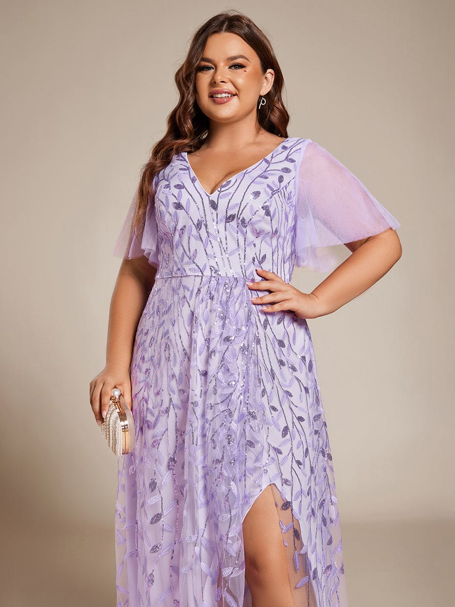 Plus Size V-Neck Sequined Evening Dresses with High Slit #color_Lavender