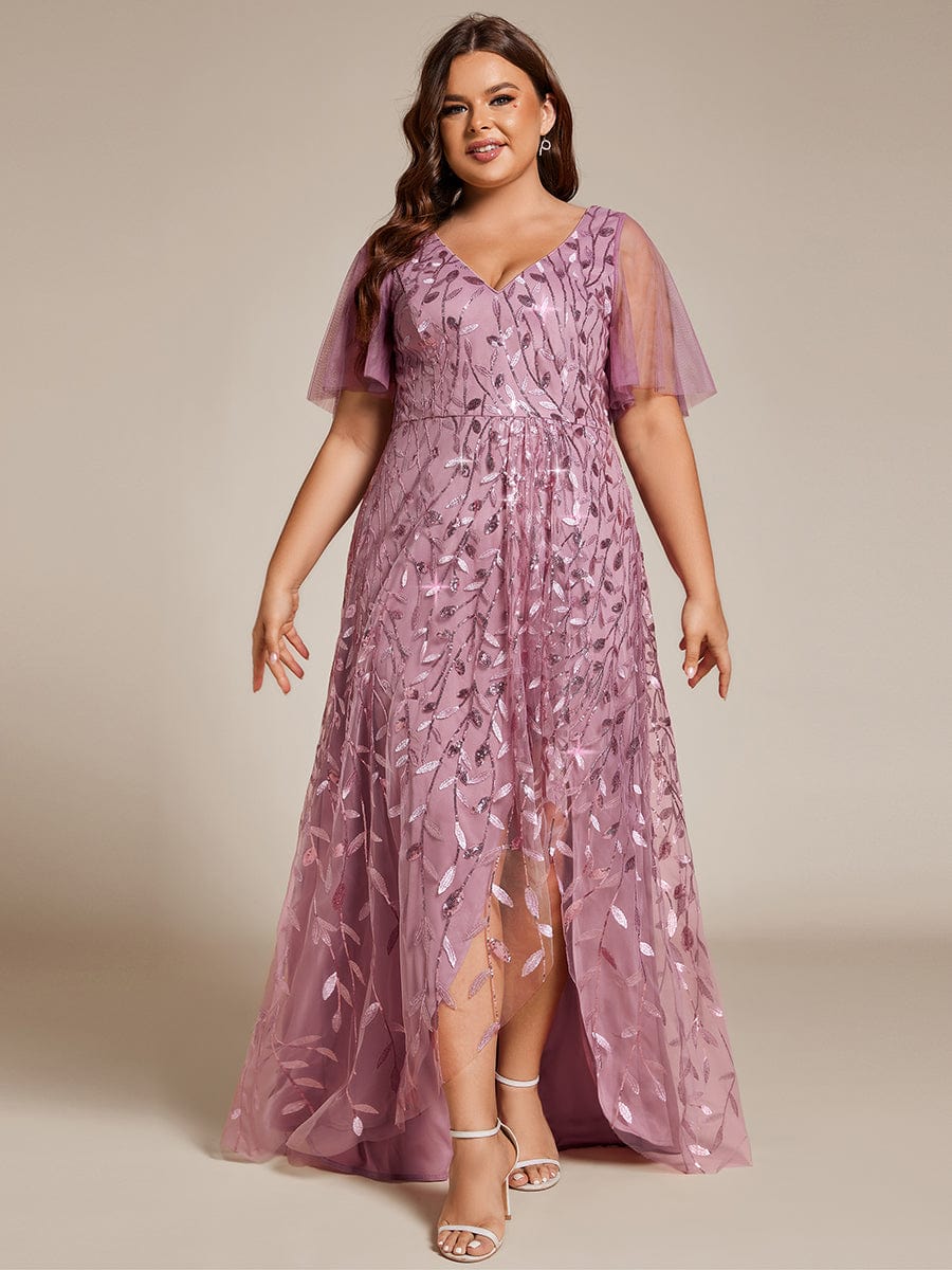 Plus Size V-Neck Sequined Evening Dresses with High Slit #color_Purple Orchid