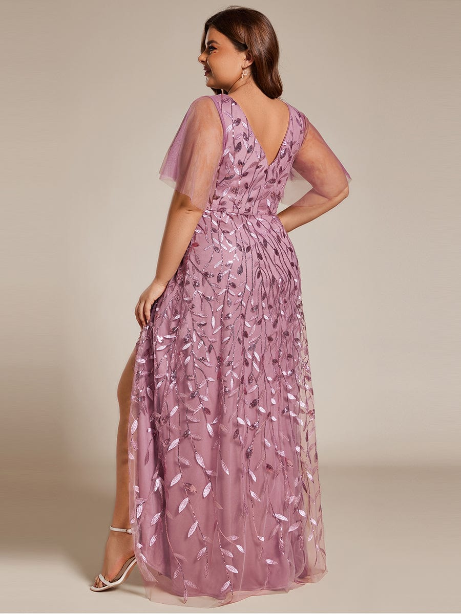 Plus Size V-Neck Sequined Evening Dresses with High Slit #color_Purple Orchid