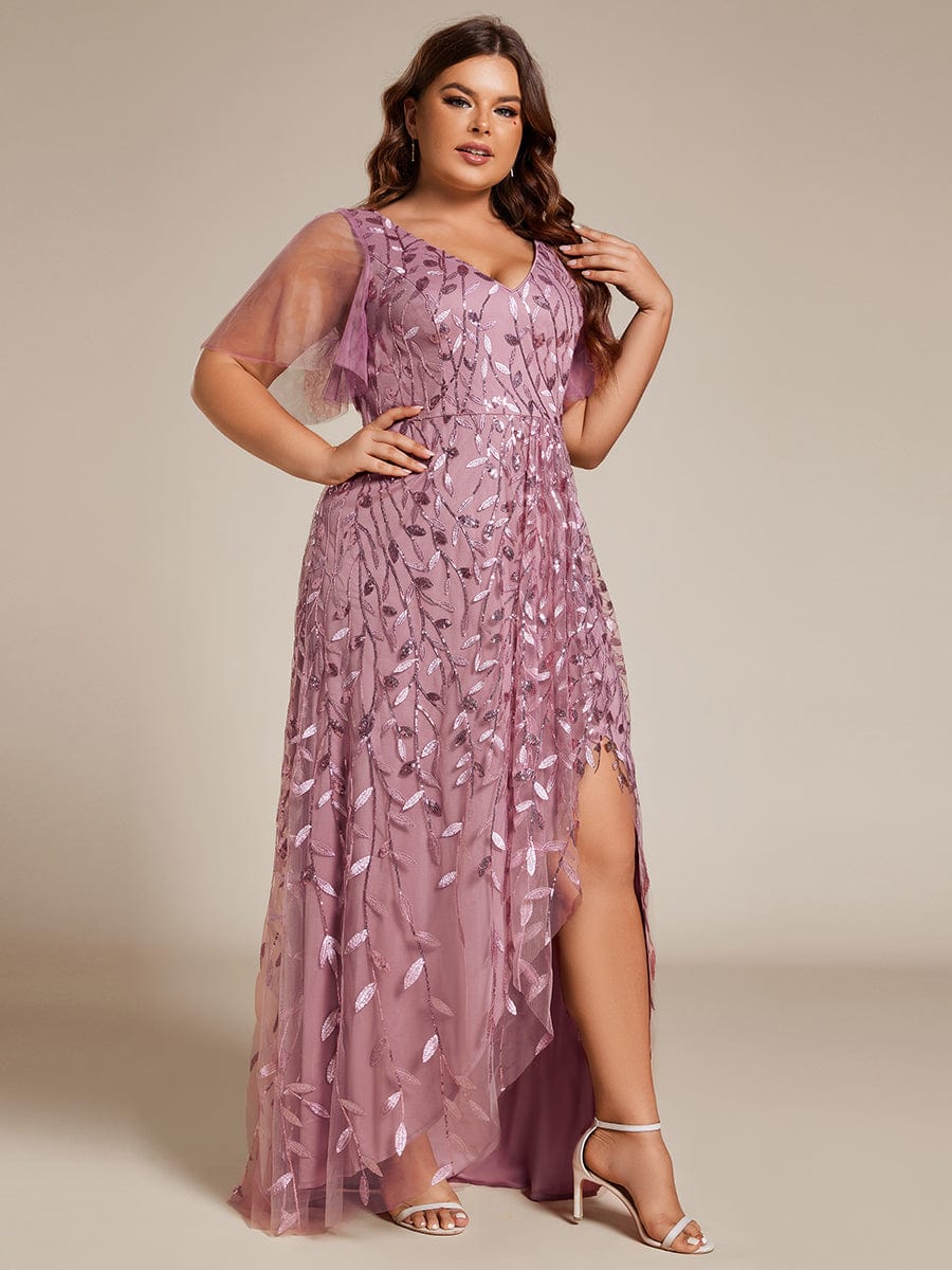 Plus Size V-Neck Sequined Evening Dresses with High Slit #color_Purple Orchid