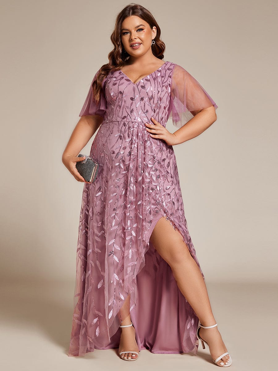 Plus Size V-Neck Sequined Evening Dresses with High Slit #color_Purple Orchid