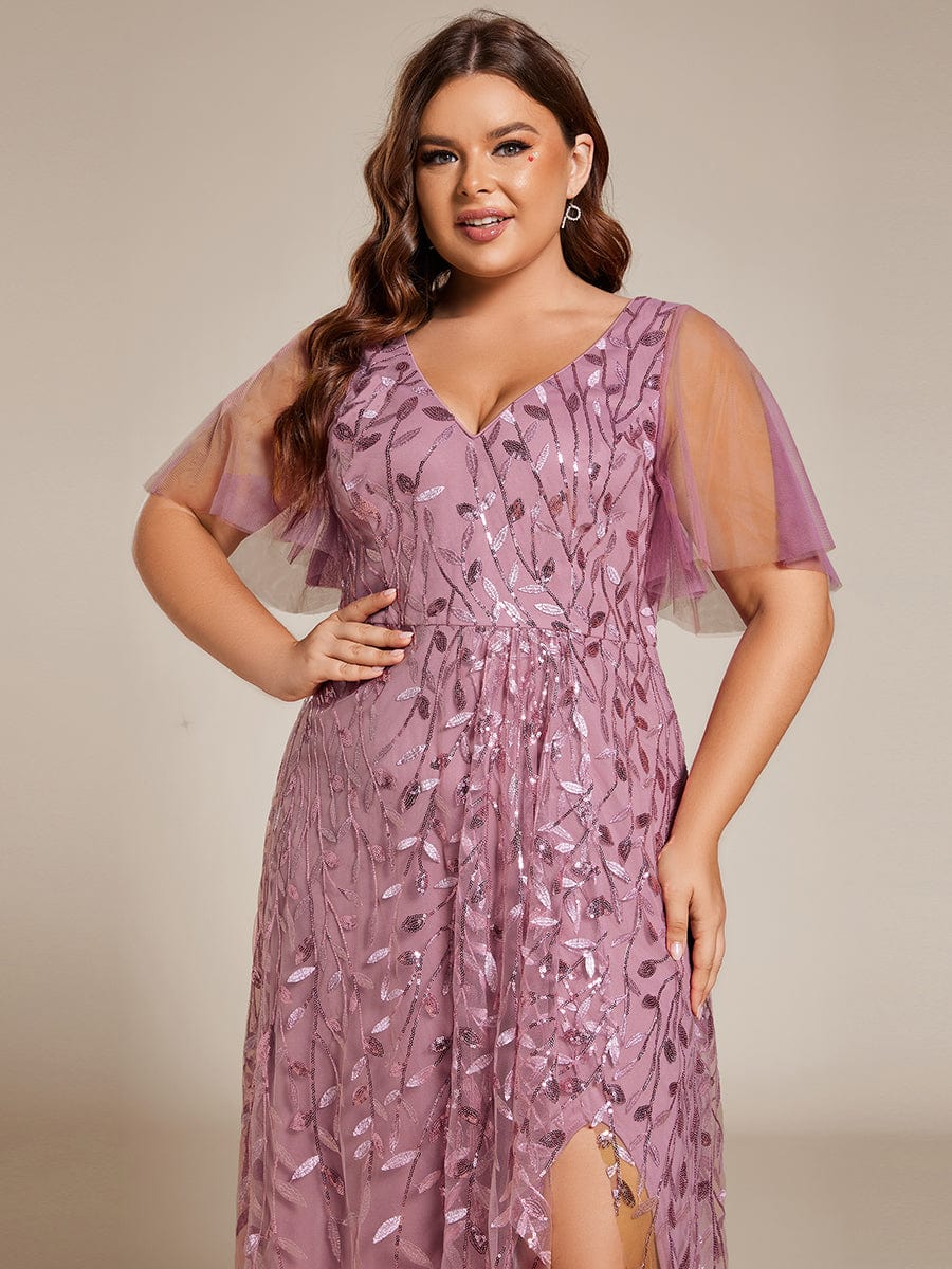 Plus Size V-Neck Sequined Evening Dresses with High Slit #color_Purple Orchid