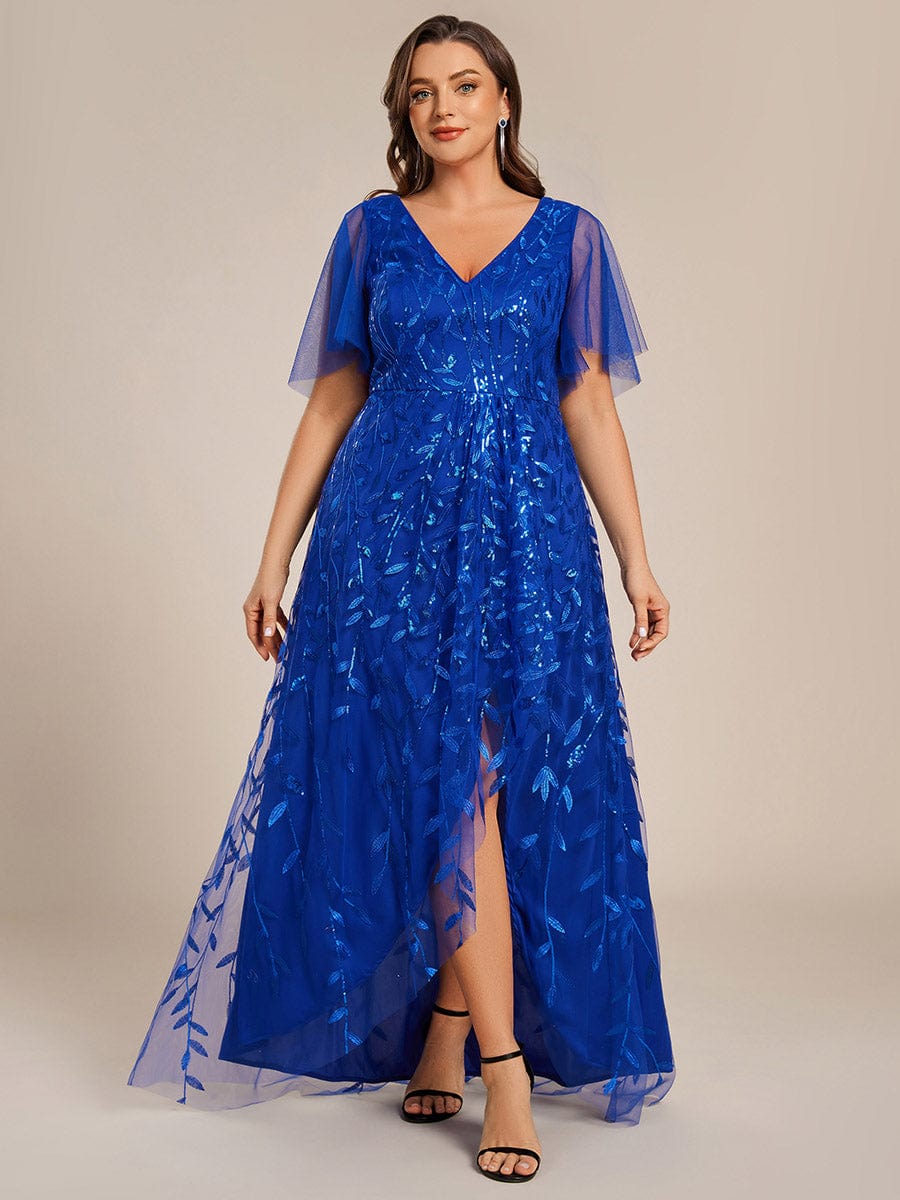 V-Neck Sequined Evening Dresses with High Slit #color_Sapphire Blue