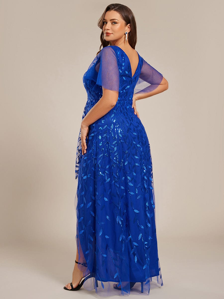 V-Neck Sequined Evening Dresses with High Slit #color_Sapphire Blue