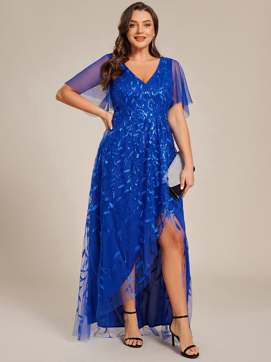 V-Neck Sequined Evening Dresses with High Slit #color_Sapphire Blue