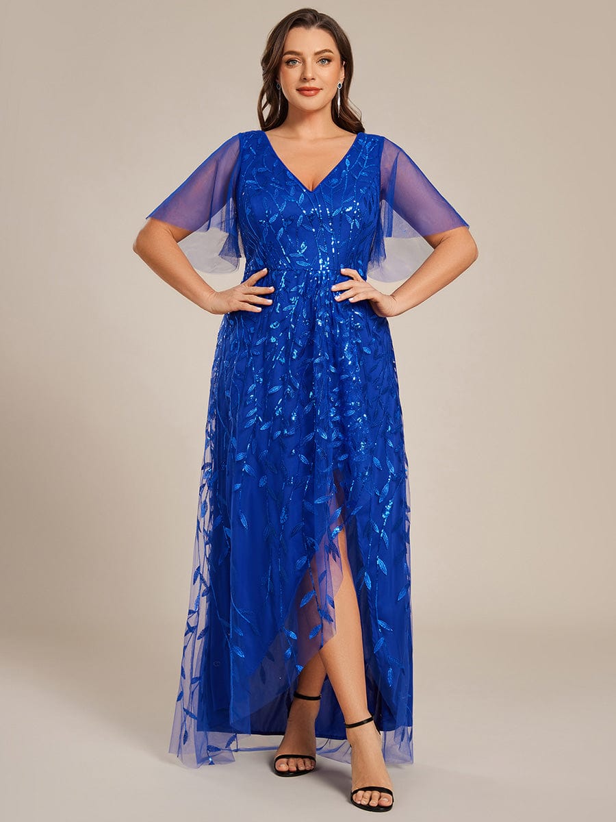 V-Neck Sequined Evening Dresses with High Slit #color_Sapphire Blue