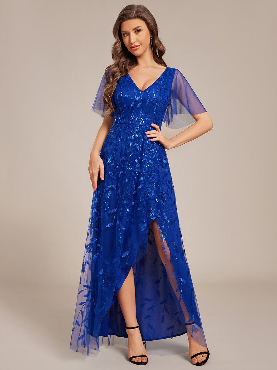 V-Neck Sequined Evening Dresses with High Slit #color_Sapphire Blue