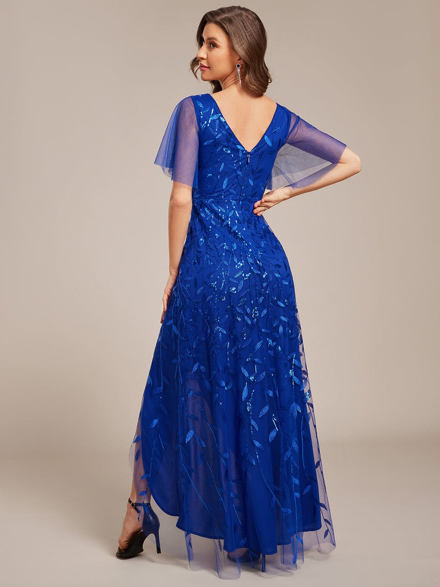 V-Neck Sequined Evening Dresses with High Slit #color_Sapphire Blue