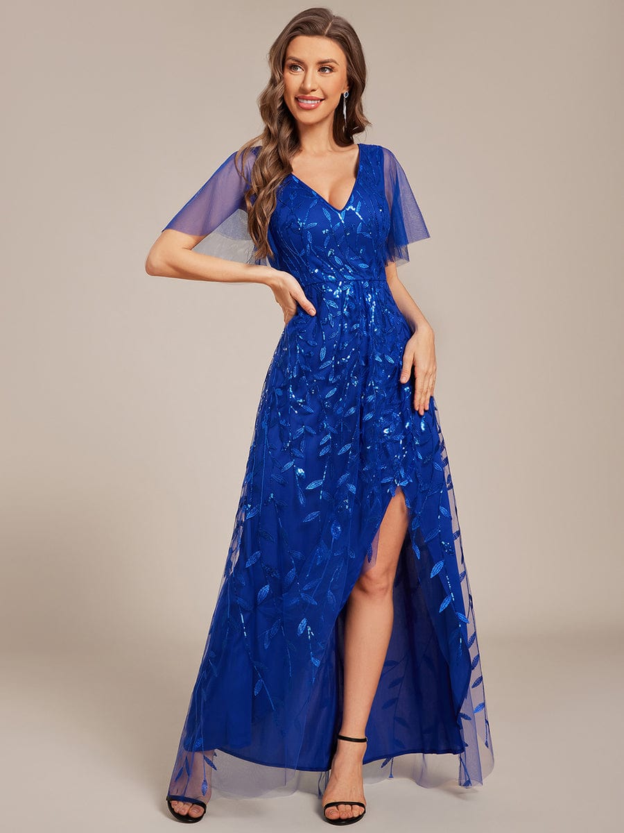 V-Neck Sequined Evening Dresses with High Slit #color_Sapphire Blue