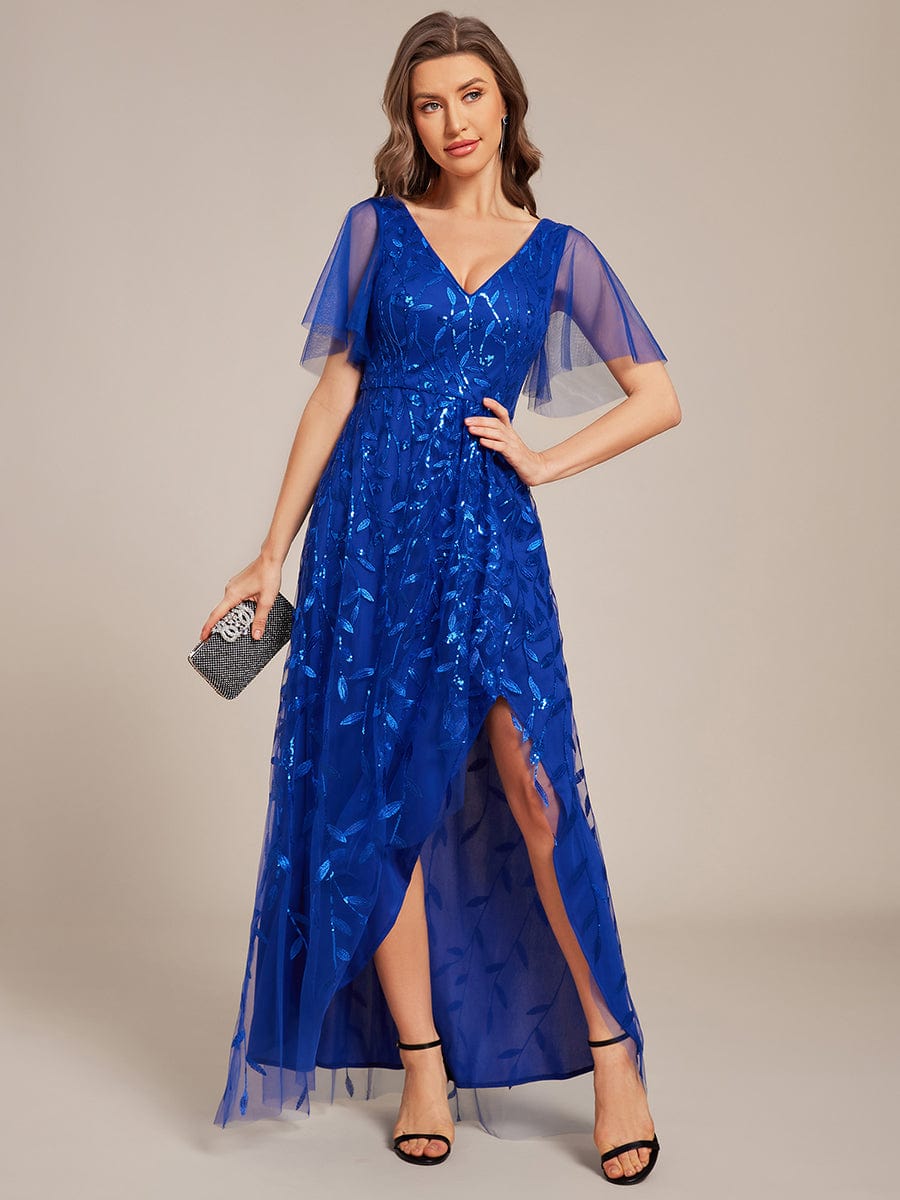 V-Neck Sequined Evening Dresses with High Slit #color_Sapphire Blue