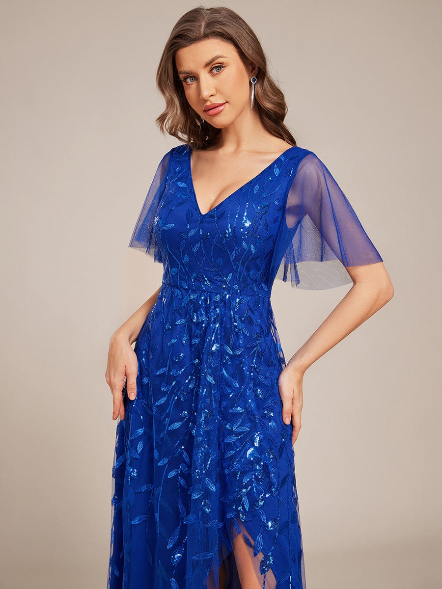 V-Neck Sequined Evening Dresses with High Slit #color_Sapphire Blue