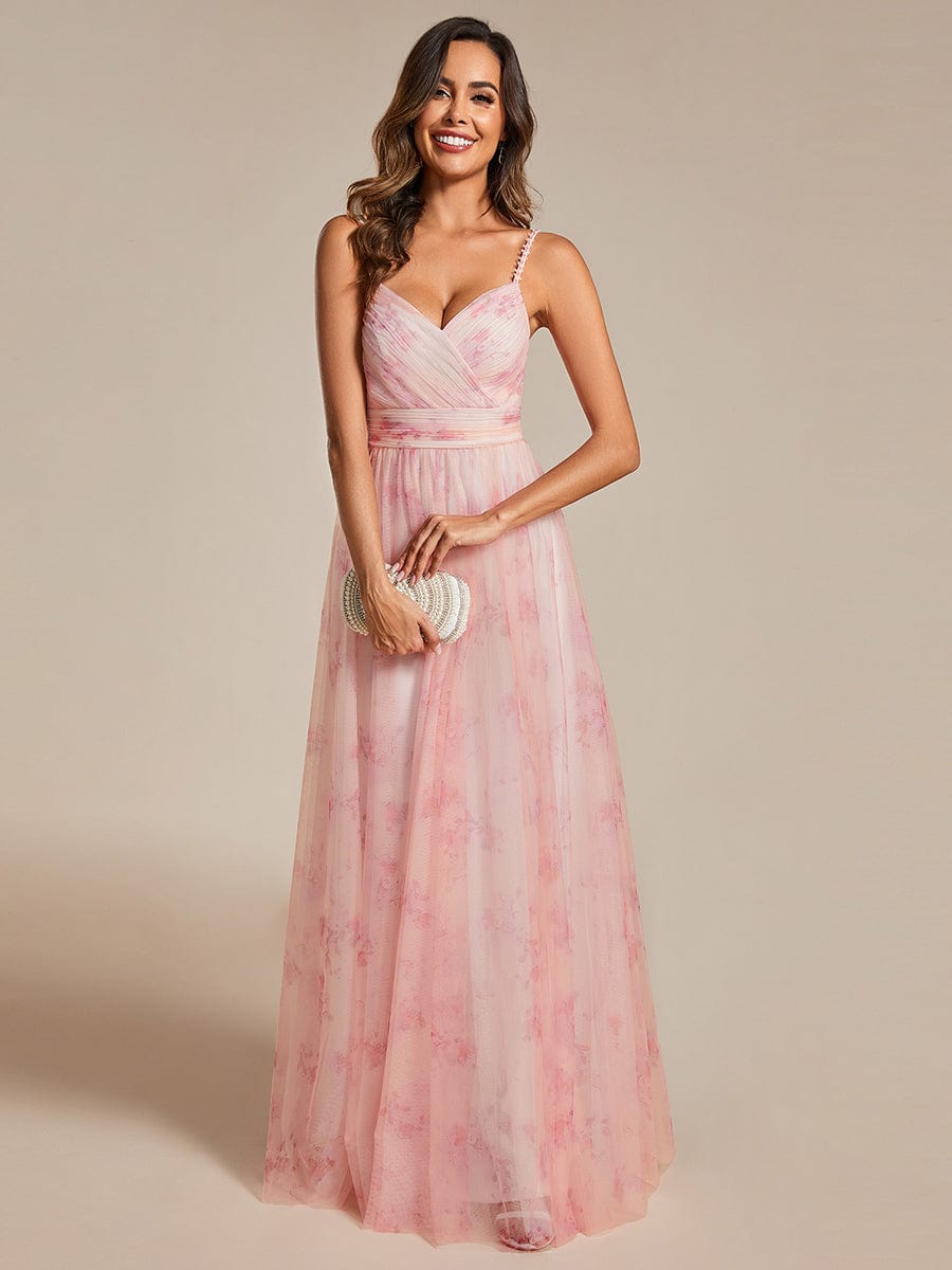 Floral Empire Waist Spaghetti Strap Dress with V-Neck In Pink #color_Pink