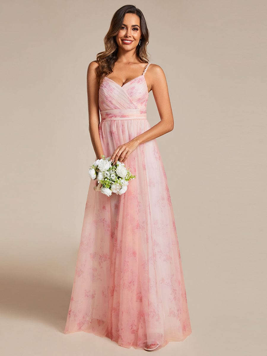 Floral Empire Waist Spaghetti Strap Dress with V-Neck In Pink #color_Pink