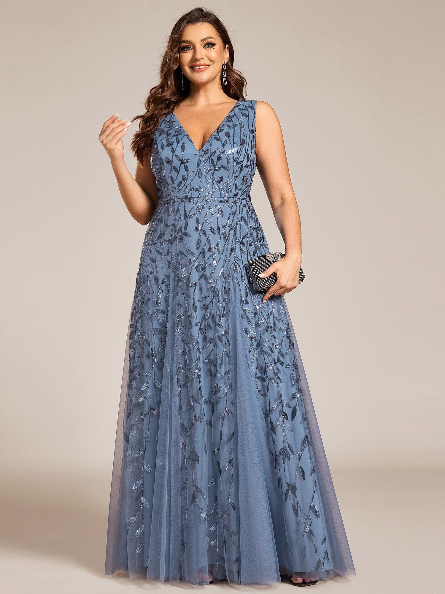 Plus Size Sleeveless V-Neck Sequined A-Line Evening Dresses #color_Dusty Navy