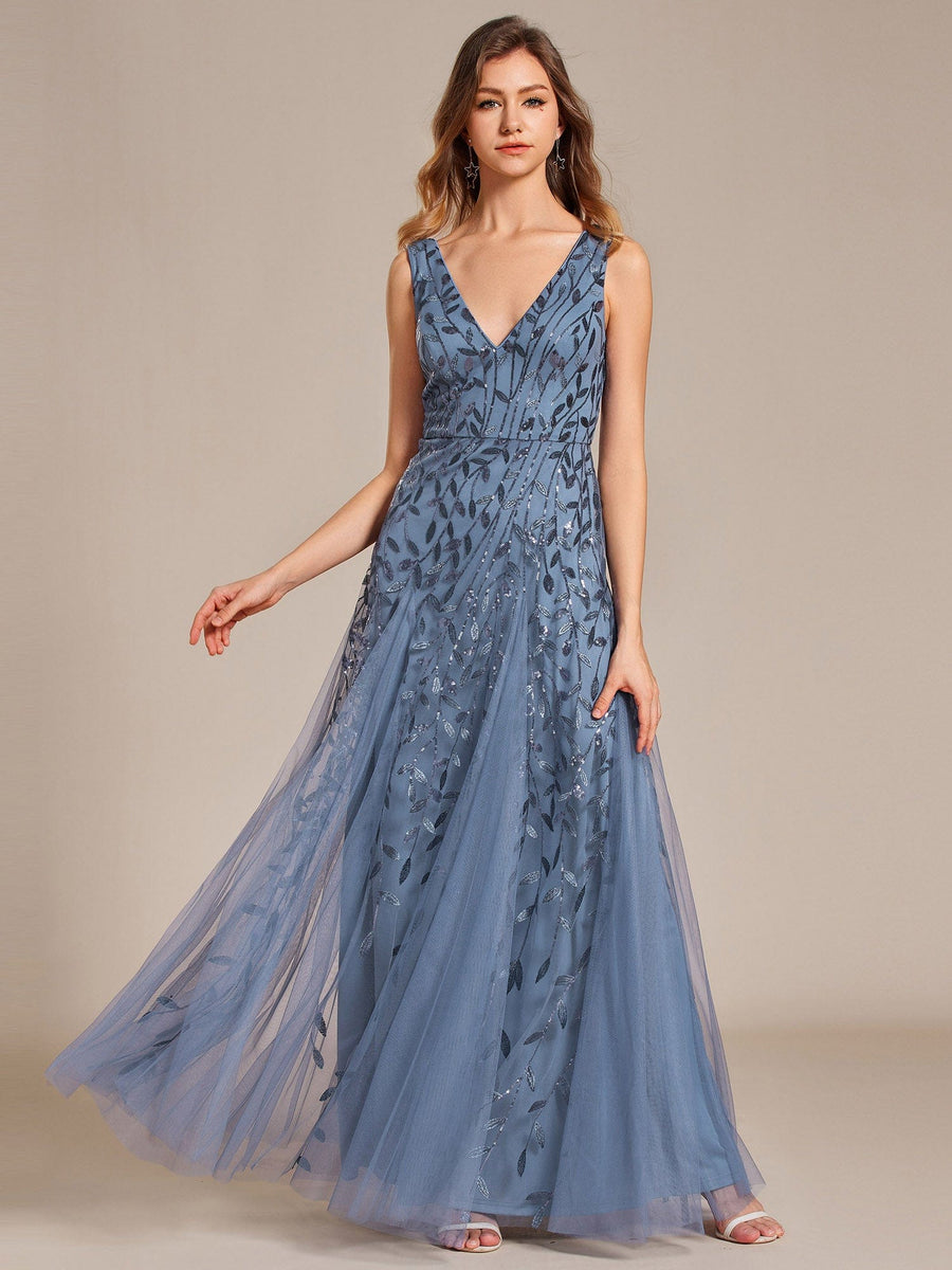 Sleeveless V-Neck Sequined A-Line Evening Dresses #color_Dusty Blue