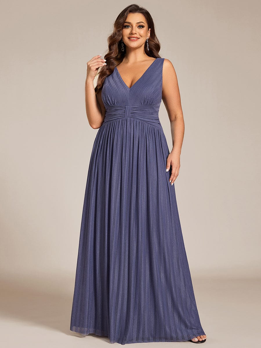 Plus Size V-Neck Sleeveless A-Line Evening Dress with Subtle Glitter #color_Dusty Blue