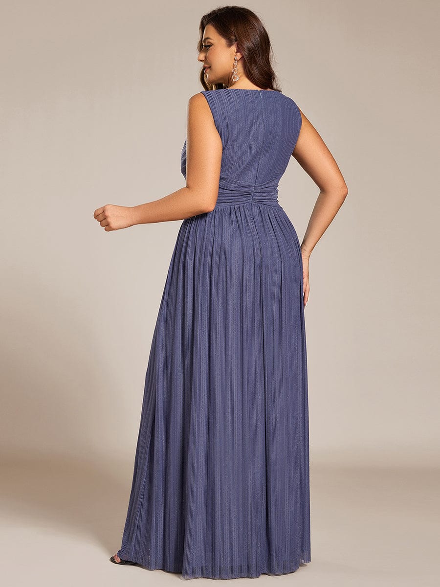 Plus Size V-Neck Sleeveless A-Line Evening Dress with Subtle Glitter #color_Dusty Blue