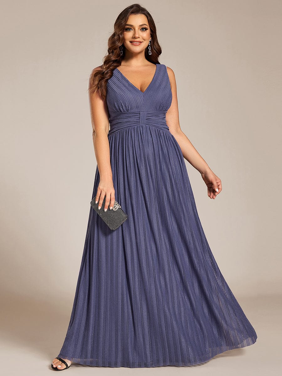 Plus Size V-Neck Sleeveless A-Line Evening Dress with Subtle Glitter #color_Dusty Blue