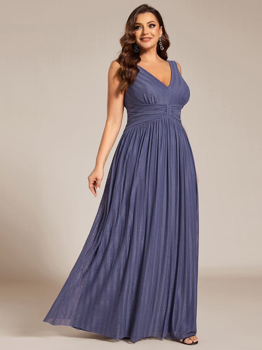 Plus Size V-Neck Sleeveless A-Line Evening Dress with Subtle Glitter #color_Dusty Blue