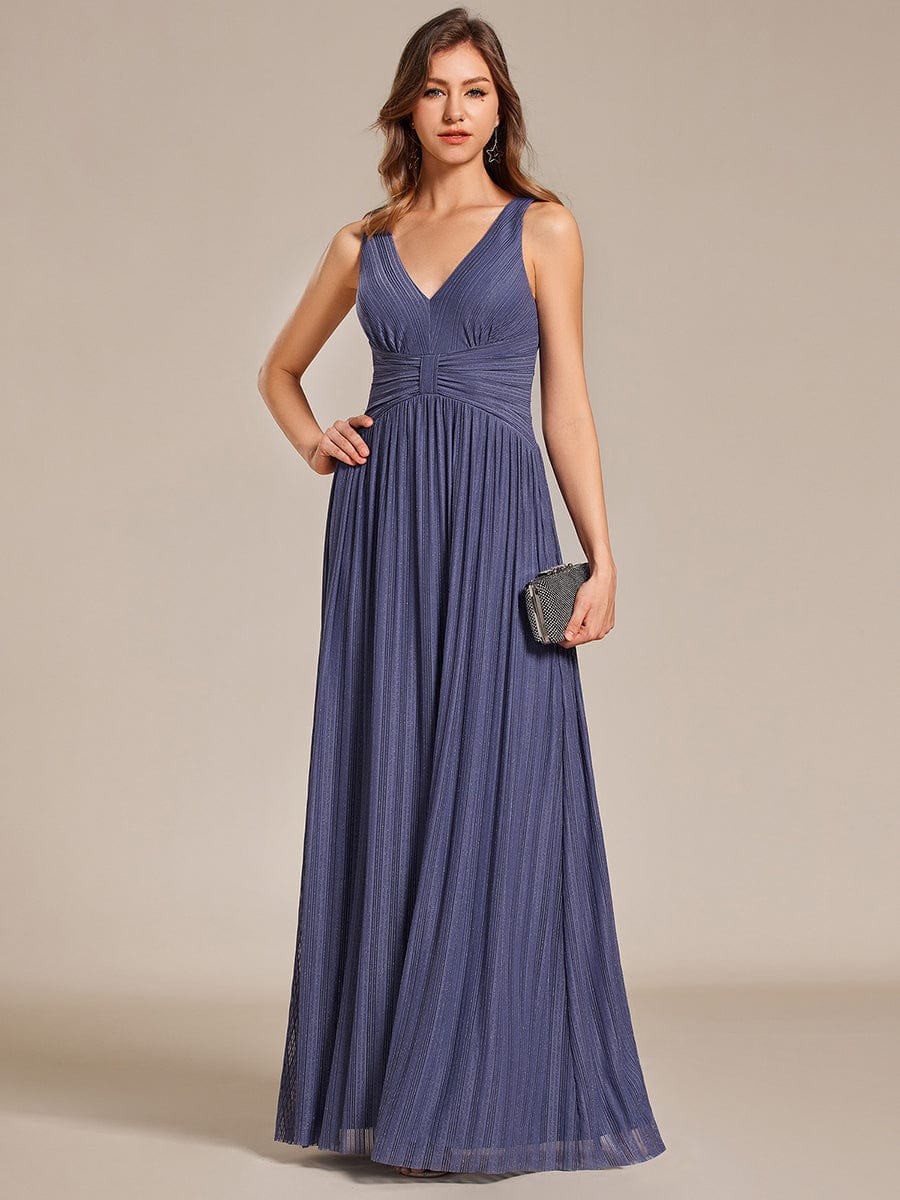 V-Neck Sleeveless A-Line Evening Dress with Subtle Glitter #color_Dusty Navy