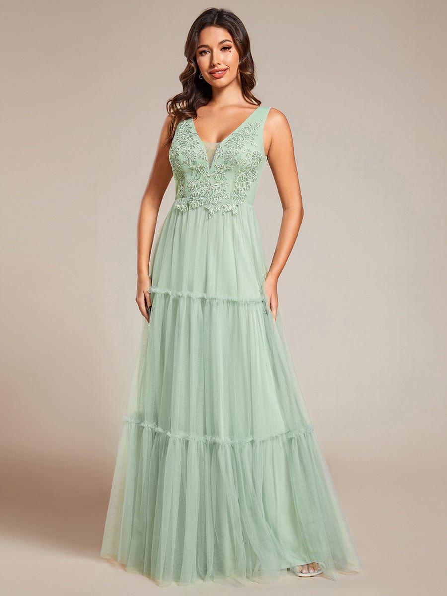 Sleeveless See-Through Applique Tulle Evening Dress #color_Mint Green