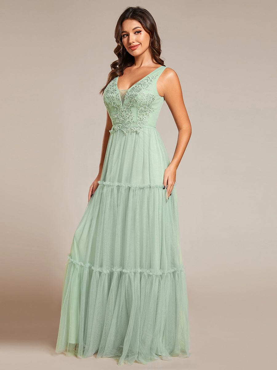 Sleeveless See-Through Applique Tulle Evening Dress #color_Mint Green