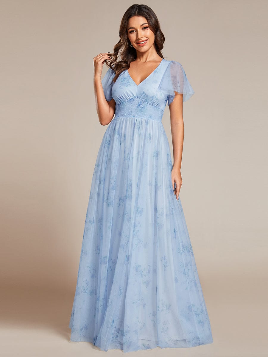 A-Line Floral Tulle V-Neck Evening Dress with Short Sleeve #color_Ice Blue