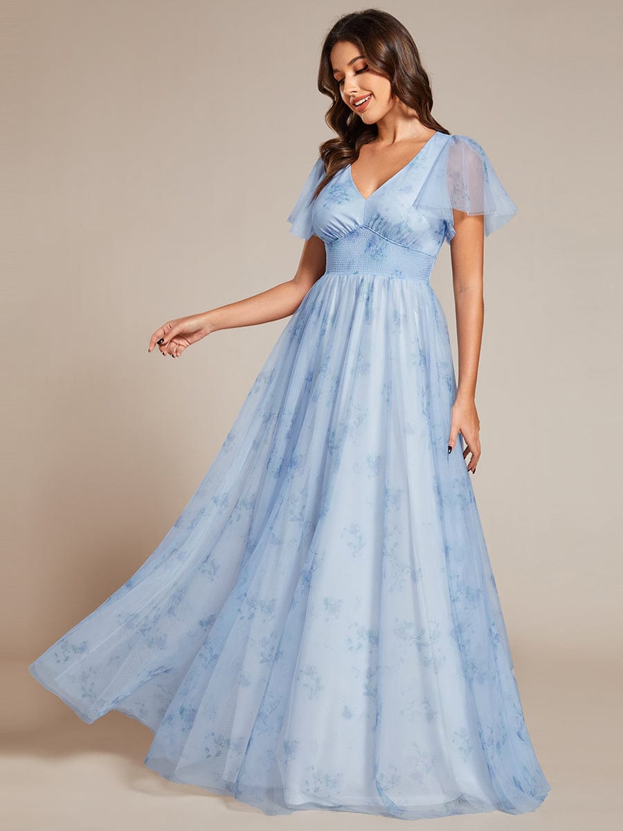 A-Line Floral Tulle V-Neck Evening Dress with Short Sleeve #color_Ice Blue