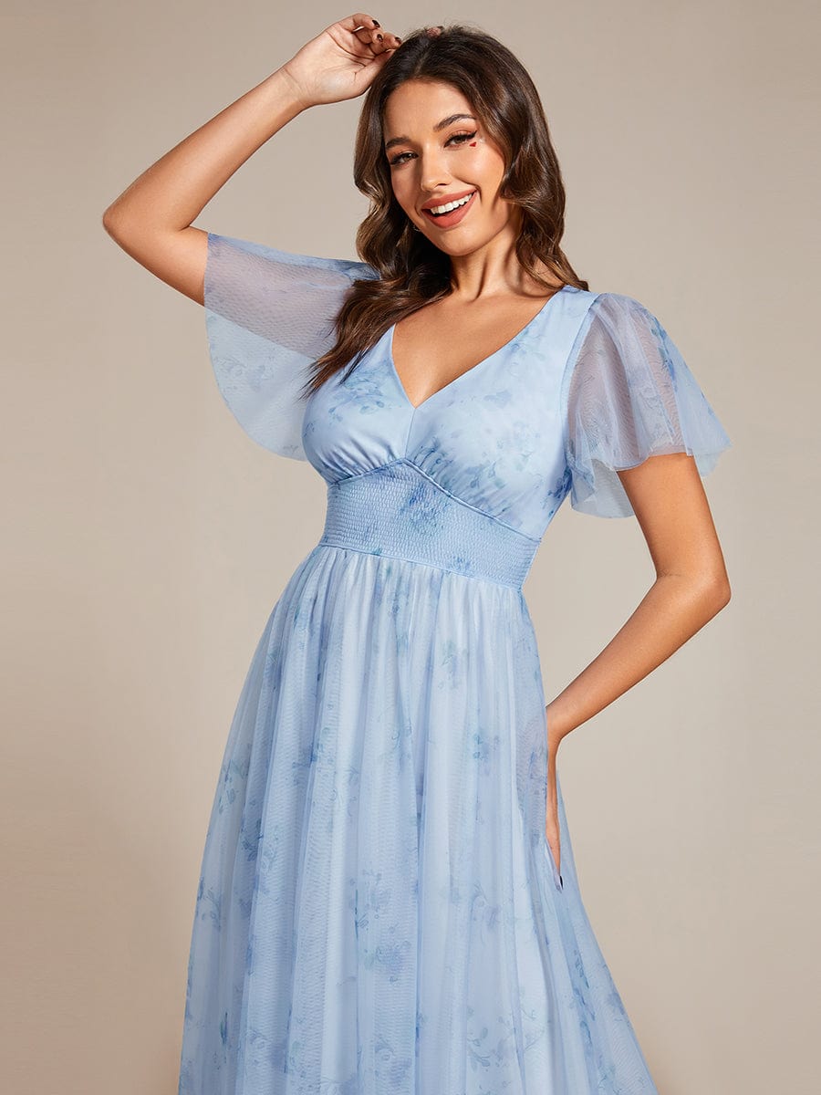 A-Line Floral Tulle V-Neck Evening Dress with Short Sleeve #color_Ice Blue