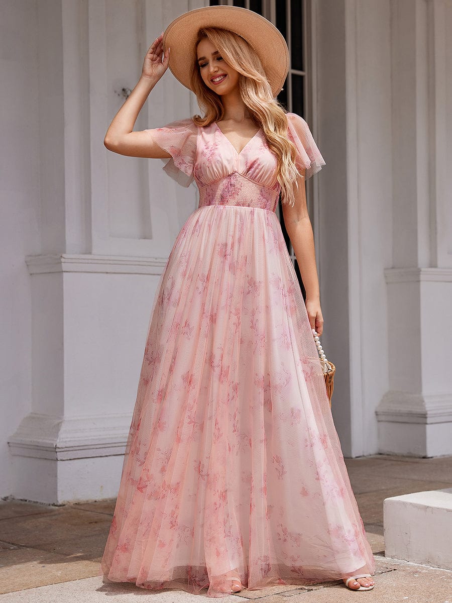 A-Line Floral Tulle V-Neck Evening Dress with Short Sleeve #color_Pink