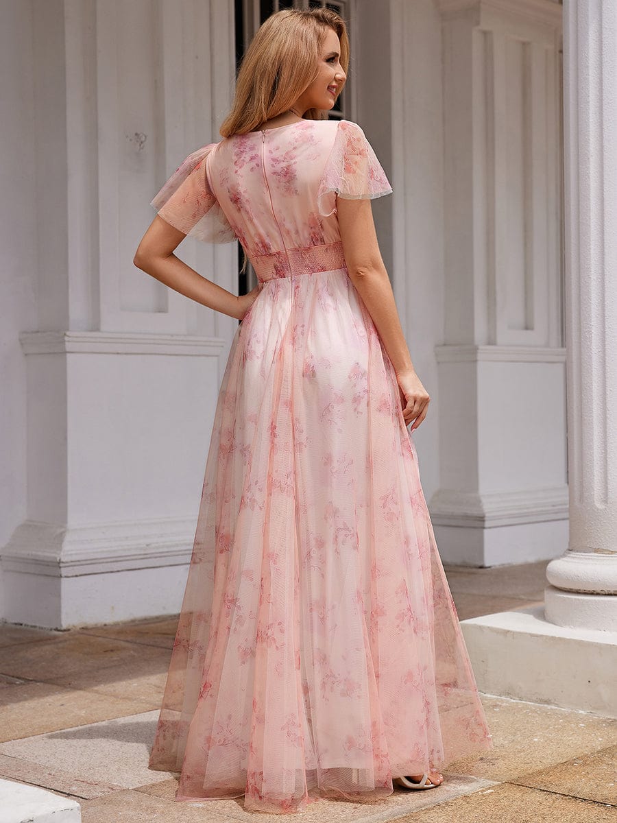 A-Line Floral Tulle V-Neck Evening Dress with Short Sleeve #color_Pink