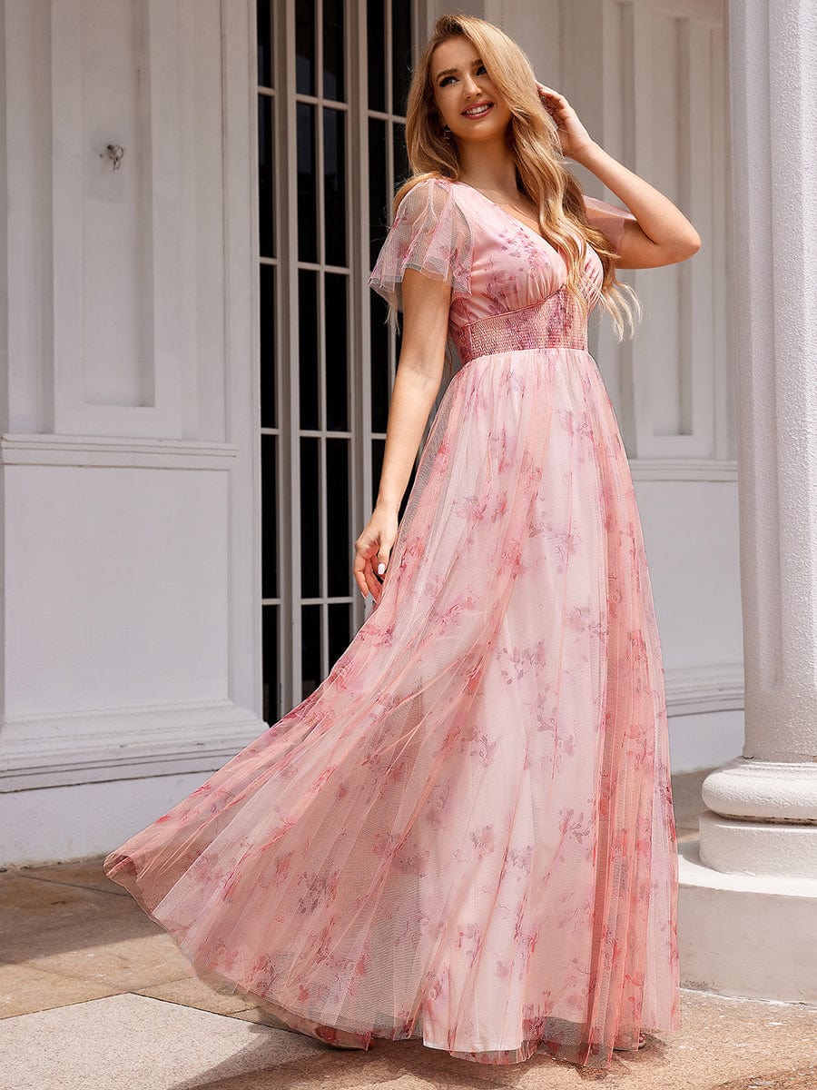 A-Line Floral Tulle V-Neck Evening Dress with Short Sleeve #color_Pink