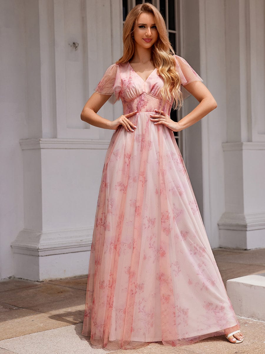 A-Line Floral Tulle V-Neck Evening Dress with Short Sleeve #color_Pink