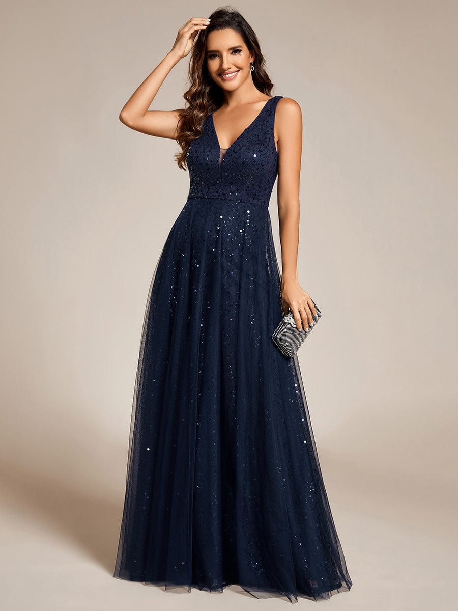 Sequined V-Neck Sleeveless See-Through Tulle Evening Dress #color_Navy Blue