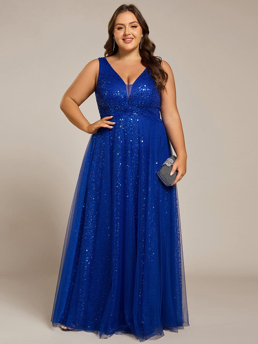 Sequined V-Neck Sleeveless See-Through Tulle Evening Dress #color_Sapphire Blue