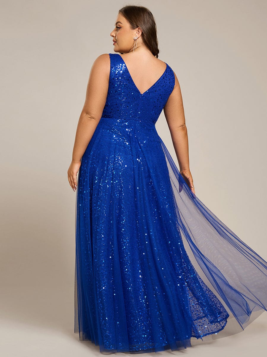 Sequined V-Neck Sleeveless See-Through Tulle Evening Dress #color_Sapphire Blue