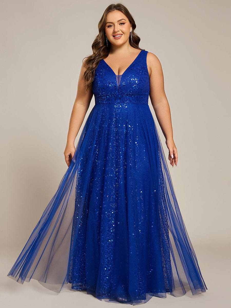 Sequined V-Neck Sleeveless See-Through Tulle Evening Dress #color_Sapphire Blue