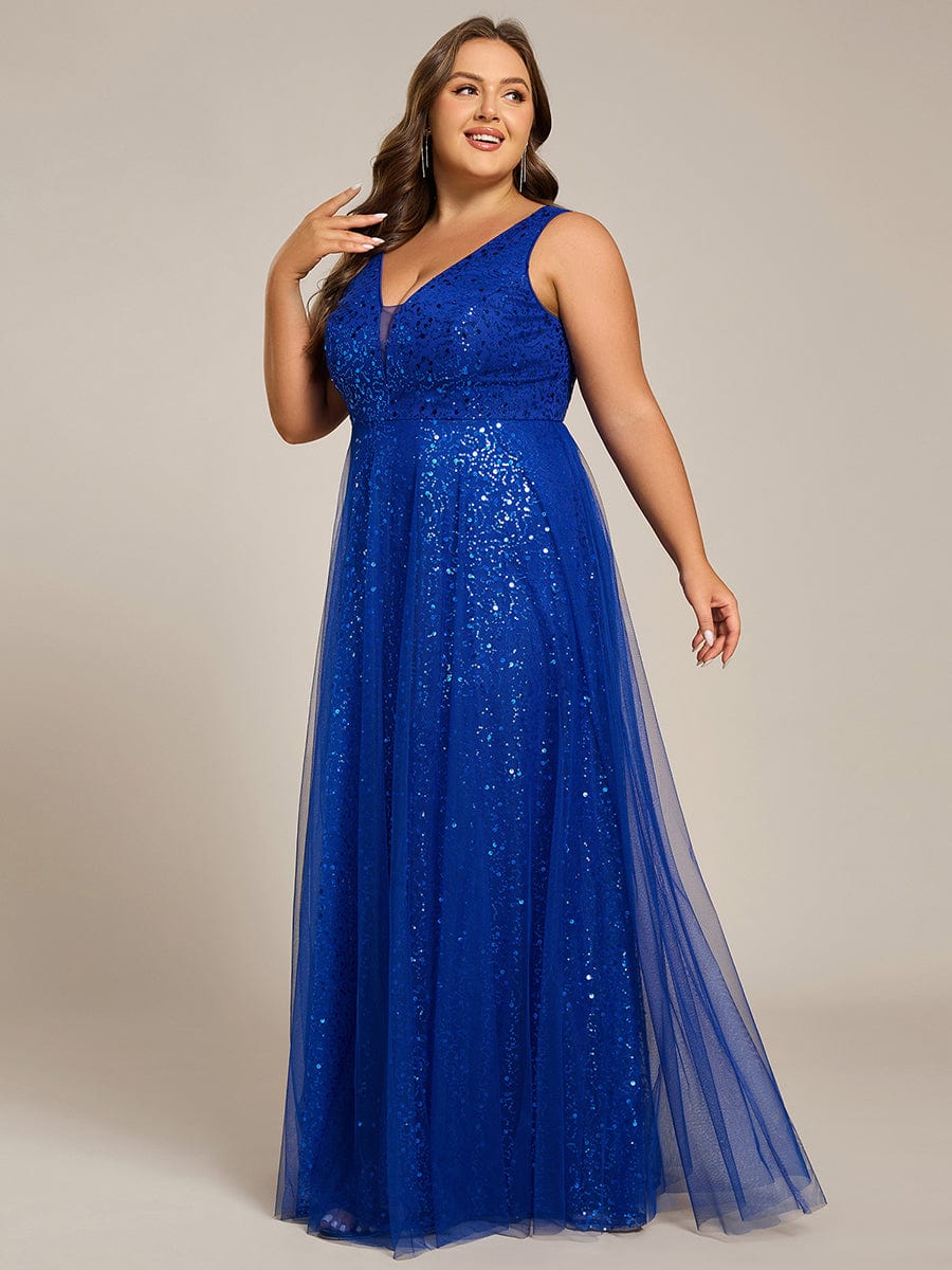 Sequined V-Neck Sleeveless See-Through Tulle Evening Dress #color_Sapphire Blue