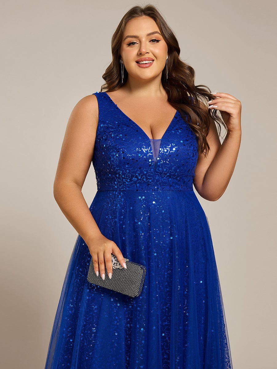 Sequined V-Neck Sleeveless See-Through Tulle Evening Dress #color_Sapphire Blue