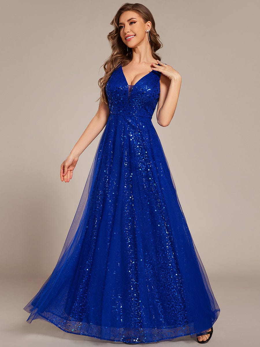 Sequined V-Neck Sleeveless See-Through Tulle Evening Dress #color_Sapphire Blue