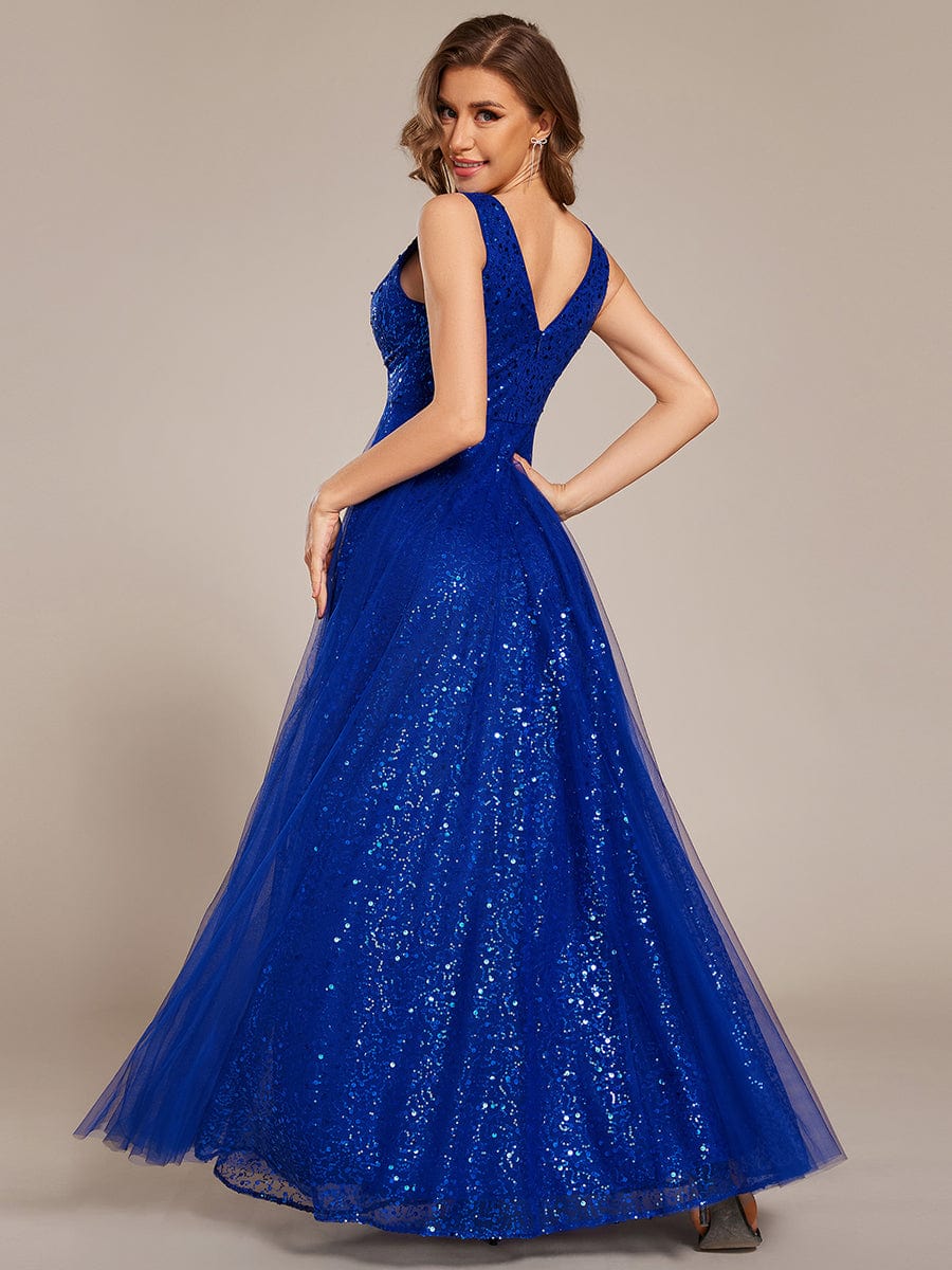 Sequined V-Neck Sleeveless See-Through Tulle Evening Dress #color_Sapphire Blue