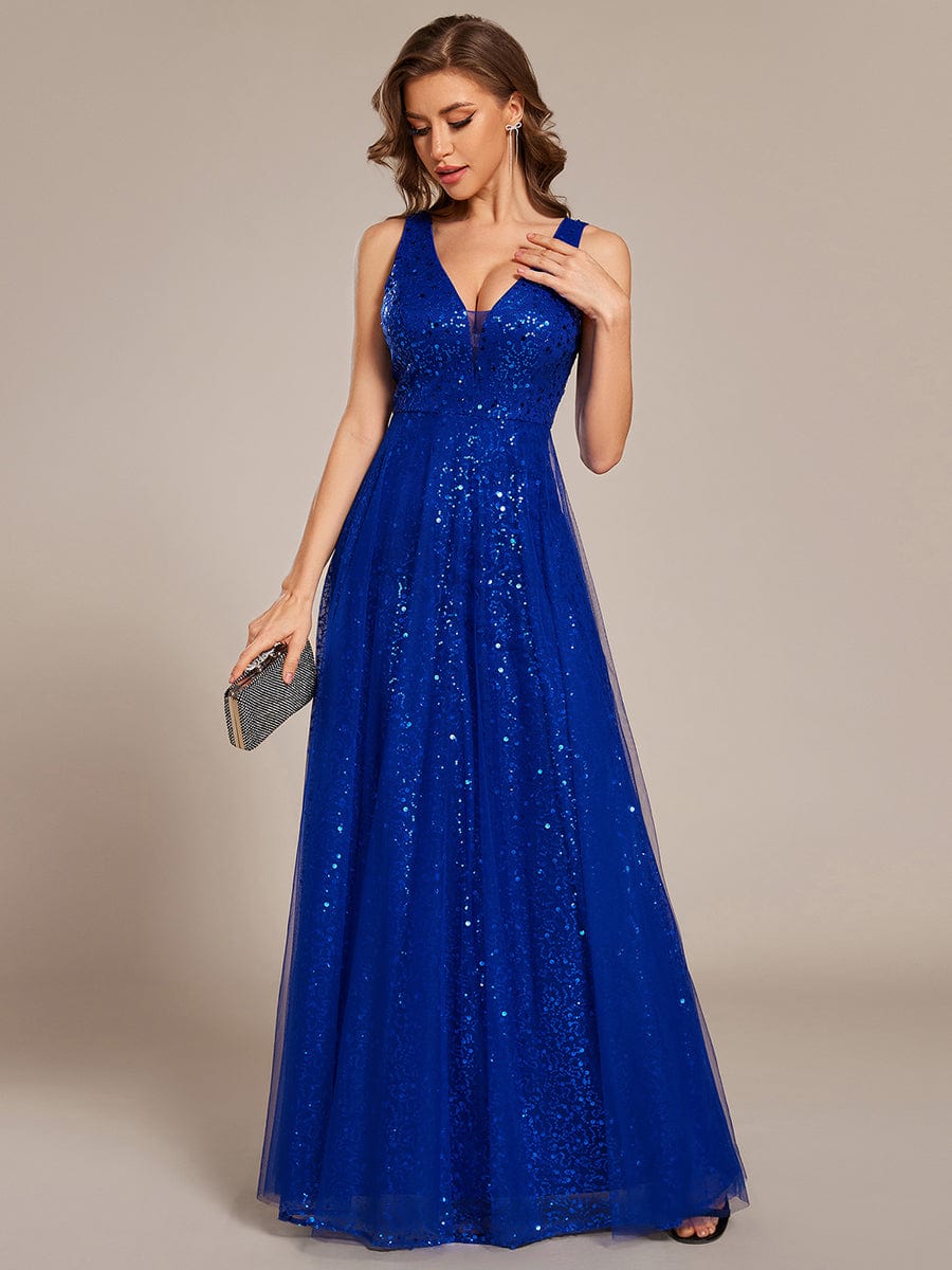 Sequined V-Neck Sleeveless See-Through Tulle Evening Dress #color_Sapphire Blue