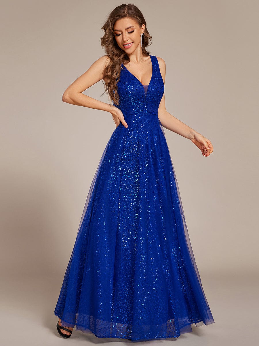 Sequined V-Neck Sleeveless See-Through Tulle Evening Dress #color_Sapphire Blue