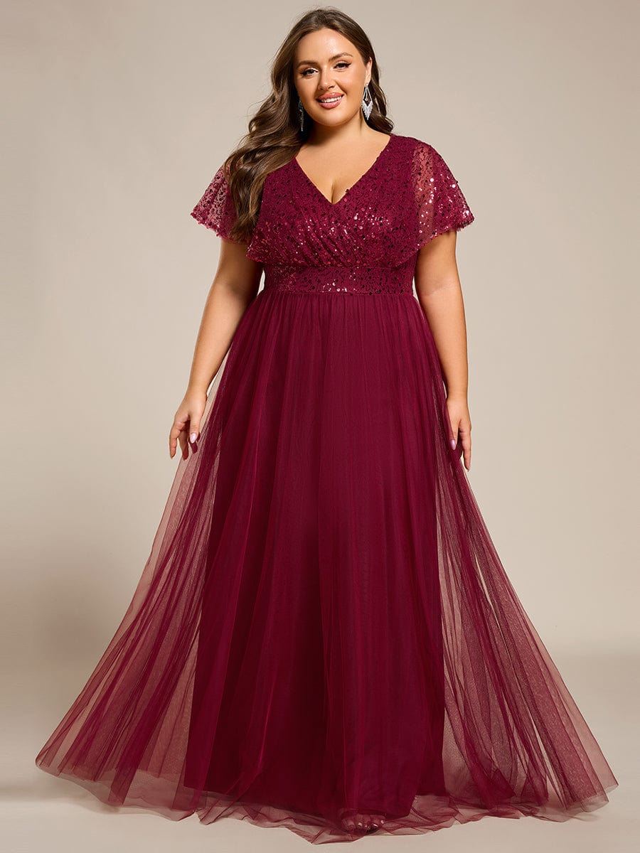 A-Line Short Sleeve Tulle Evening Dress with Sequin Embellishments #color_Burgundy