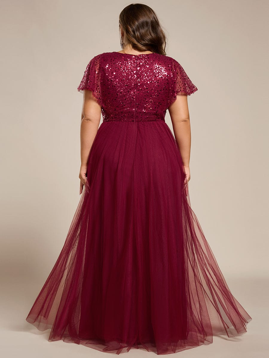 A-Line Short Sleeve Tulle Evening Dress with Sequin Embellishments #color_Burgundy